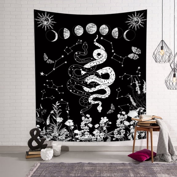 Witchy Snake Vertical Tapestry,Trippy Black and White Floral Moon Phase Cool Tarot Tapestries Wall Hanging for Bedroom Aesthetic,50Wx60H