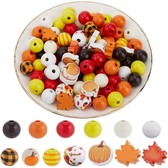 204Pcs Thanksgiving Wooden Beads Fall Wood Bead Bulk Halloween Rustic Farmhouse Orange Autumn Round Maple Leaf Pumpkin Shape Plaid Beads for Garland Beading Jewelry Making Home Party Decor