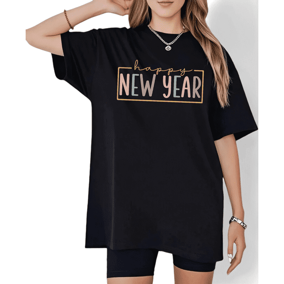 Women's Black Tshirt Graphic Tees Shirts Happy New Year Pastel Color Block Design Casual Tops S-5XL