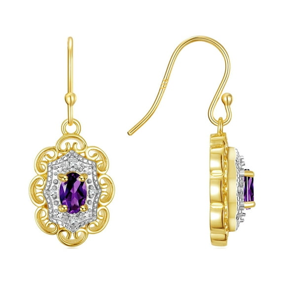 Rylos 14K Yellow Gold Antique Style Floral Earrings - Oval 6X4M Amethyst & Sparkling Diamonds - Exquisite Birthstone Jewelry