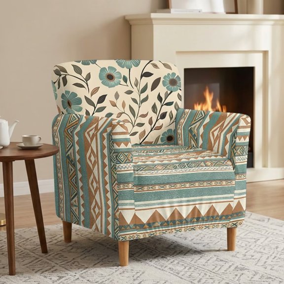 FKELYI Aztec Tribal Geometric Flower Print Stretch Single Sofa Cover Non-Slip Armchair Slipcover with Elastic Bottom Washable Anti-Scratch Furniture Protector Decor