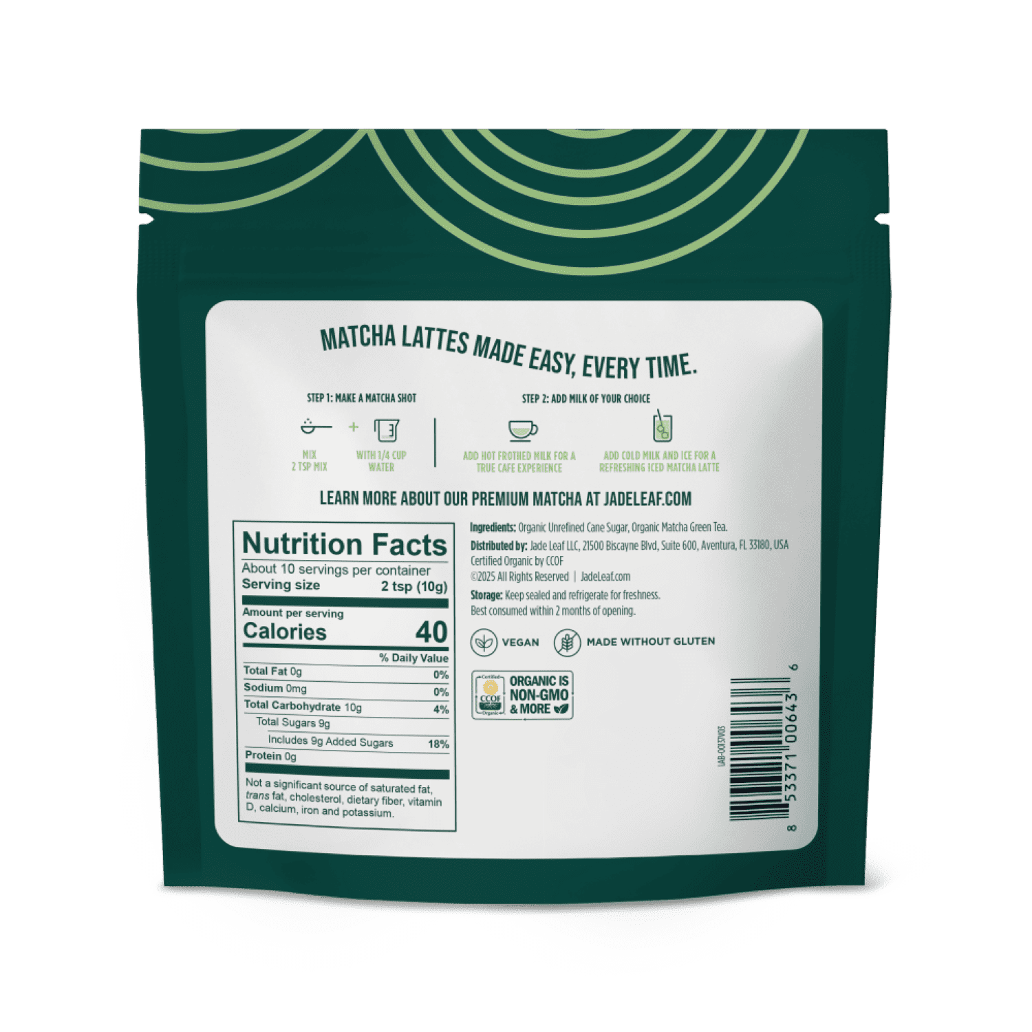 Jade Leaf Matcha, Organic Latte Mix, Powdered Tea, 3.5 Oz