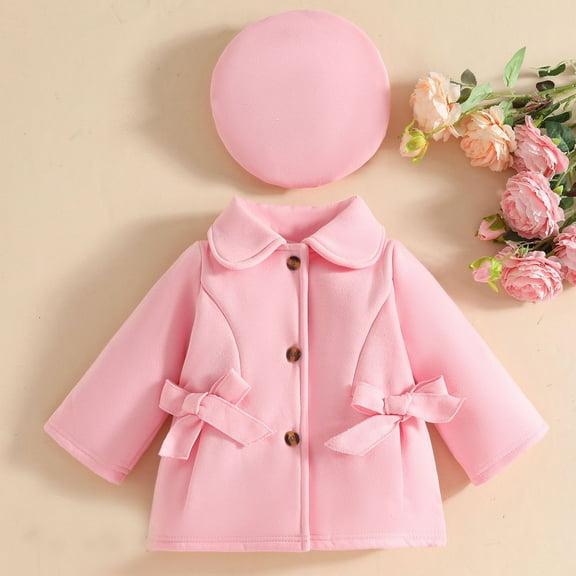 SYMOID Kids Girl Pink Wool Polyester Blend Coat & Beret Hat Set - Warm Breathable Winter Outerwear with Peter Pan Collar, 6 Months-3 Years,Size 1-2T