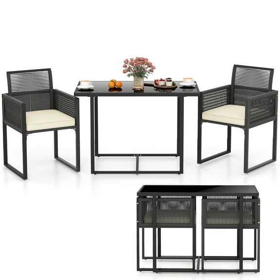 Gymax 3PCS Patio PE Wicker Furniture Set Cushioned Chairs w/Folding Backrest Backyard