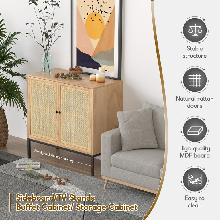 Sideboard Serving Storage Cabinet Buffet With 2 Nature Rattan