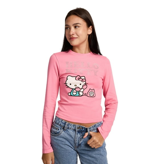 Hello Kitty Talking On Phone Glitter Print Women's Pink Long Sleeve Baby Tee-Small