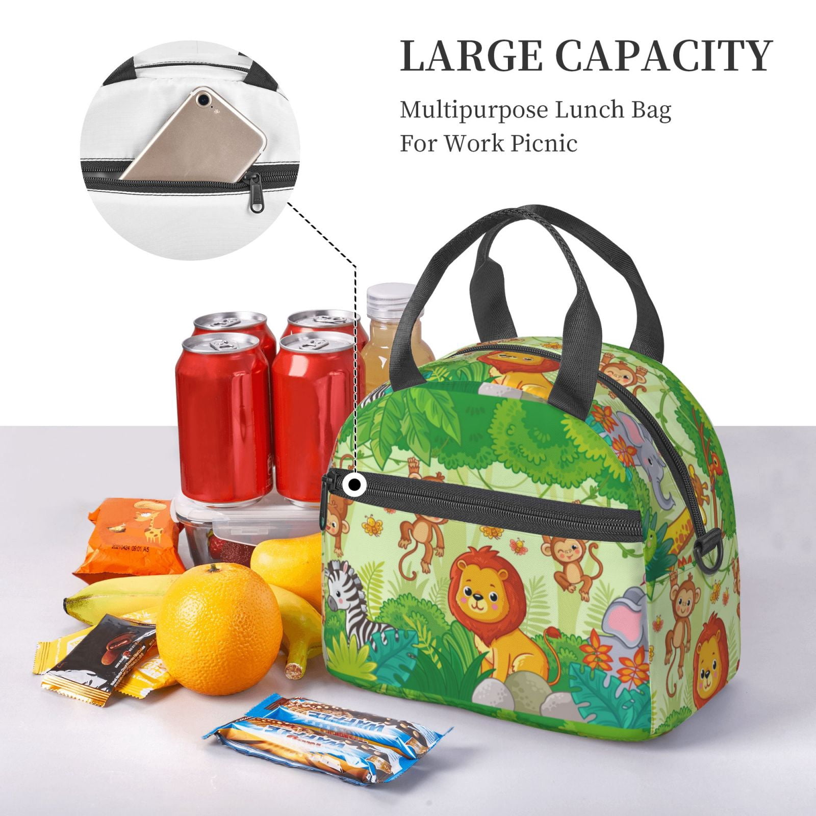 Xecao African Animals in the Jungle Print Insulated Lunch Box, Lunch Cags Lunch Bag Featuring An Adjustable Shoulder Strap