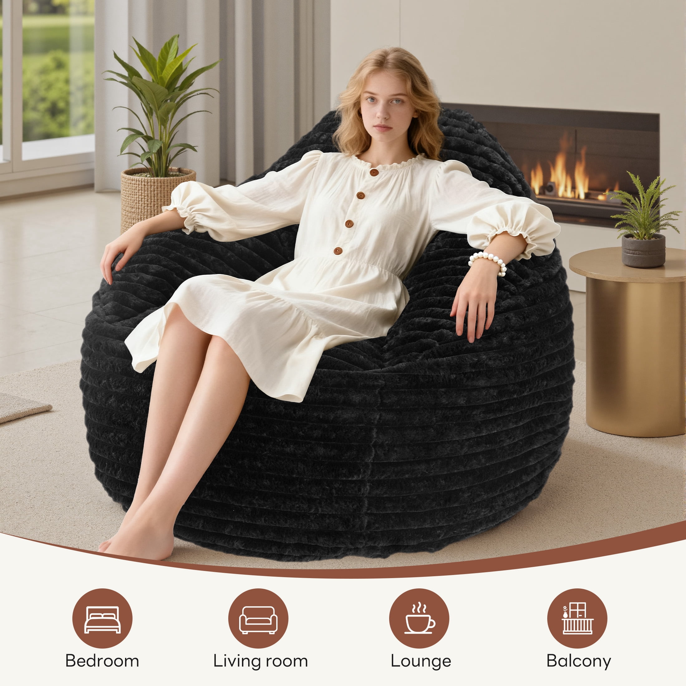 edx Bean Bag Chair Lounger Chair, Cozy Beanbag Sofa with Removable Fabric Cover for Living Room Bedroom College Dorm, 3.2 ft Black