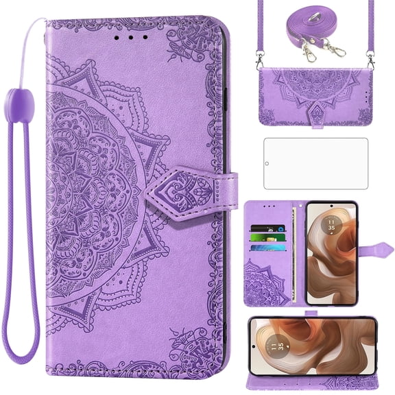 Asuwish Screen Protector Included Mandala Flower Hard Shell Wallet Cell Phone Case with Tempered Glass Screen Protector for Motorola Moto Edge 50 Ultra/Moto X50 Ultra, Purple