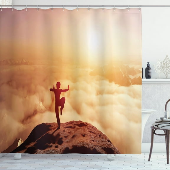 Kung Fu Shower Curtain, Warm Tone Photo of Karate Posed Man on Mountains above Clouds at Sunrise Print, Fabric Bathroom Set with Hooks, 69W X 84L Inches Extra Long, Multicolor, by Ambesonne