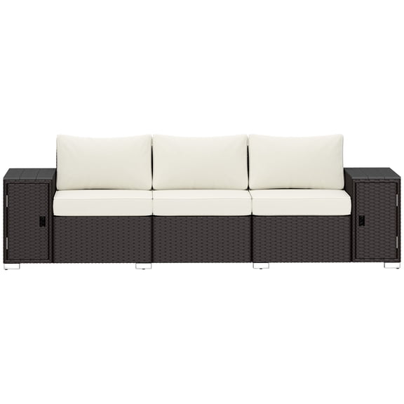 Homiyad 3 Seater Wicker Outdoor Couch Patio Sofa with Storage, Thickened Cushions and Wide Armrests for Porch Yard, Cream White