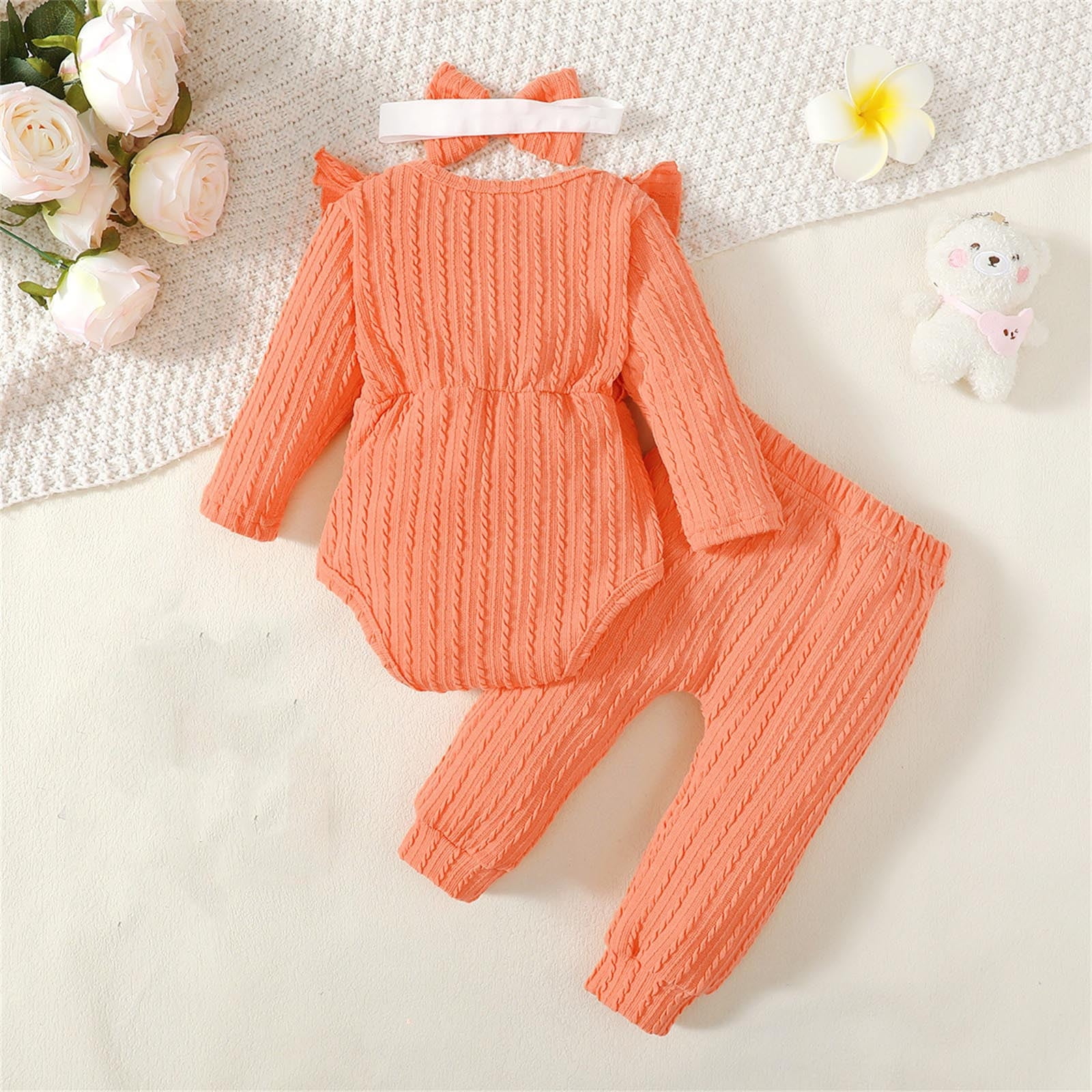 SHTXOZHI Baby Girls Fall Winter Clothes Long Sleeve Ruffle Romper Pants Headband Toddler Outfit