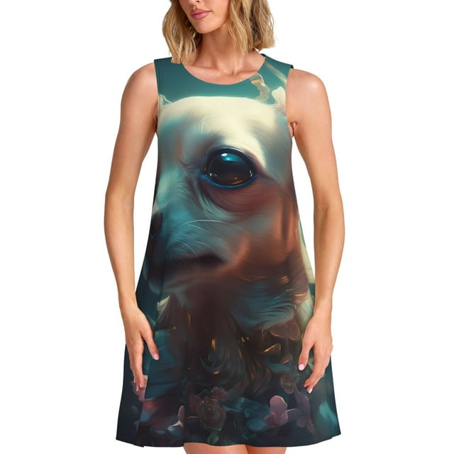 Lukts Mignon Chihuahua Fleur Chiot pour Robe Sans Manches pour Femmes, Robe d'Été à Col Rond avec Poches, Adaptée à la Vie Quotidienne, Plage, Fête
