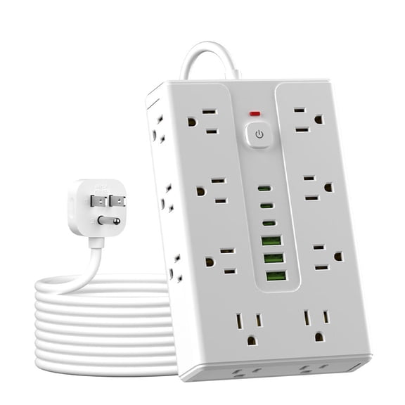 22 in 1 surge protector power cord with 16 sockets, 6 USB ports (3 USB C), one button switch, long and short wire sockets, wall mounted, suitable for offices, homes, and travel dorm