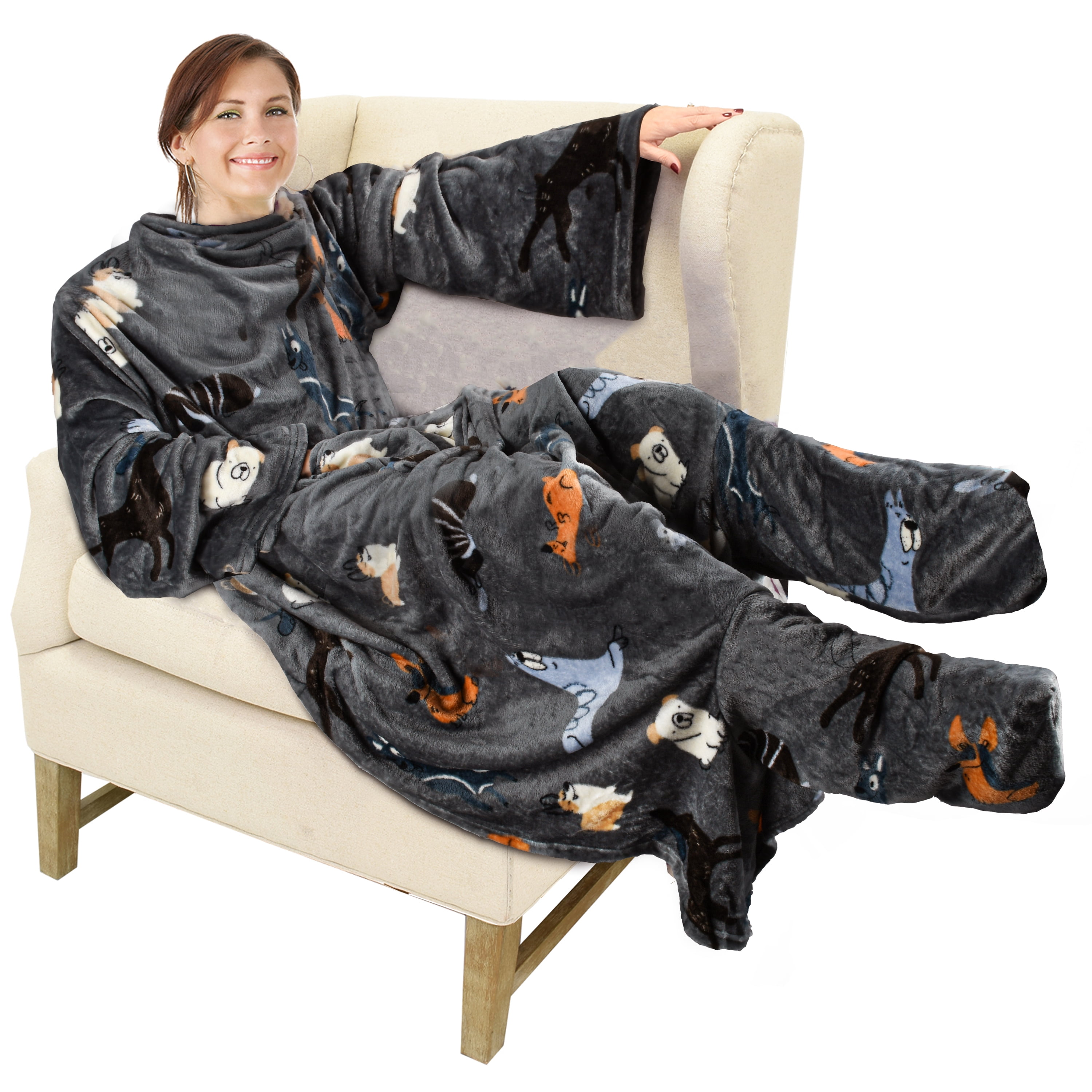 Catalonia Wearable TV Blanket with Sleeves Arms & Feet pockets for Adult Micro Plush Fleece Large Wrap Throw Robe