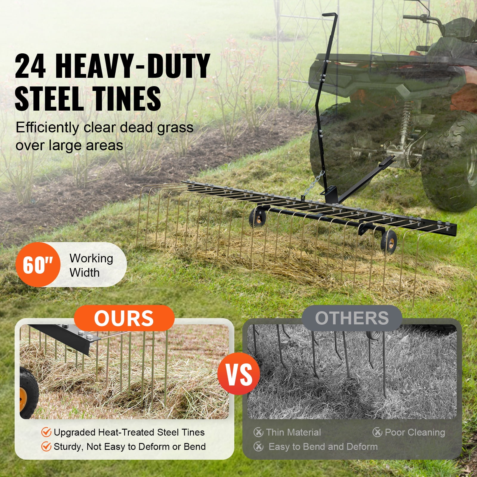 KFFKFF Tow Dethatcher, 60" Width with 24 Metal Tines, Compatible with ATV & Mower, Features Lift Handle, Ideal for Removing Leaves, Pine Needles & Grass