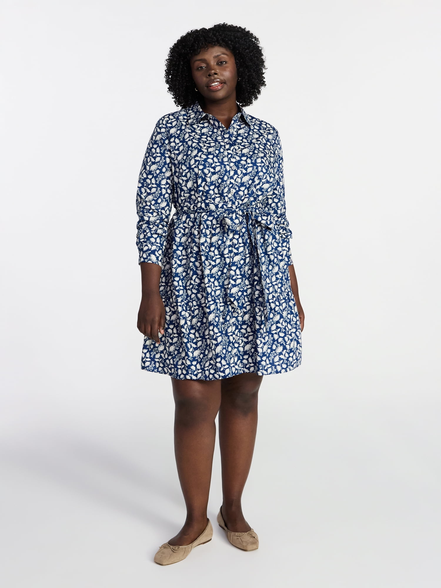 Terra & Sky Women's Plus Size Tiered Shirt Dress with Long Sleeves, Sizes 0X-5X