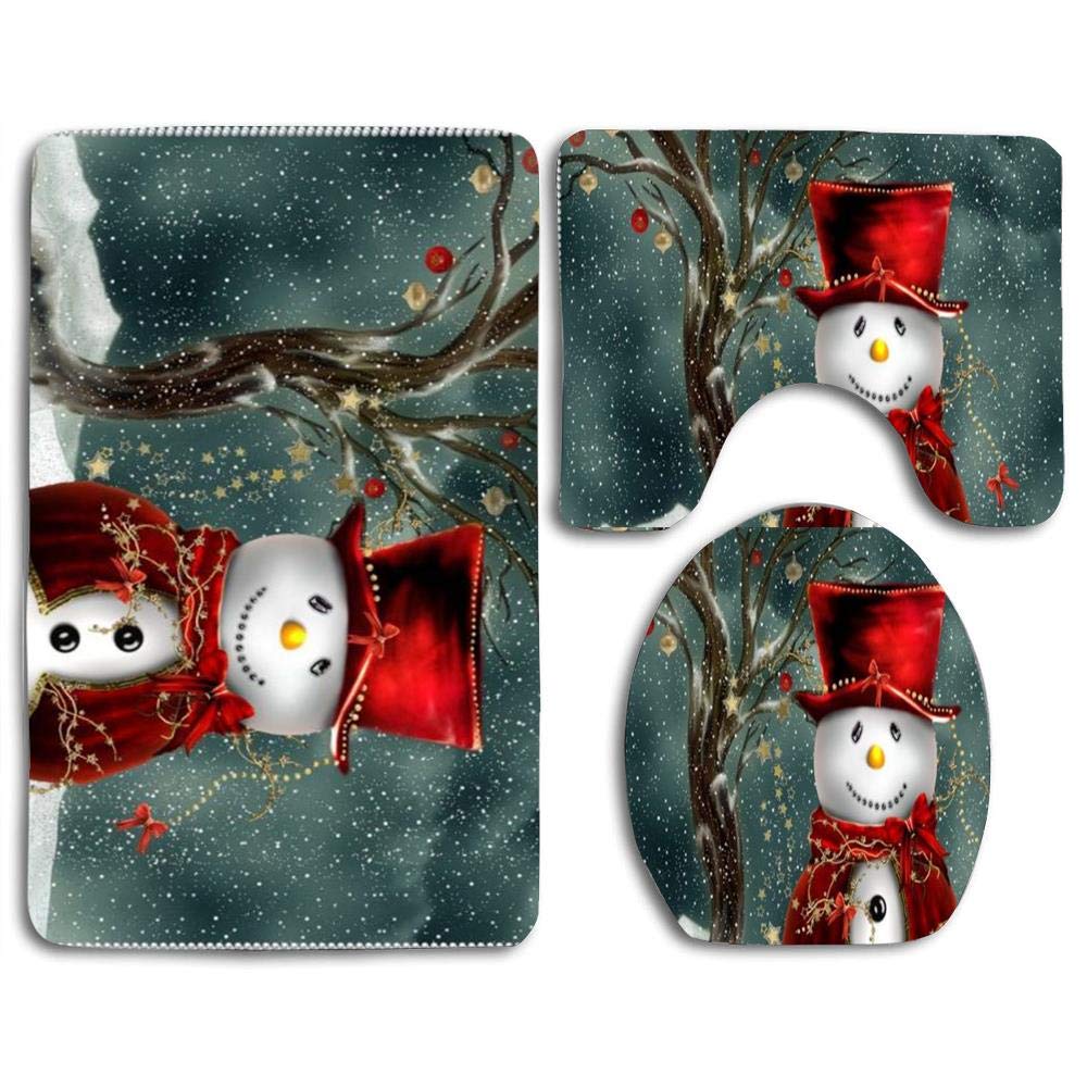 PUDMAD Christmas Snowman 3 Piece Bathroom Rugs Set Bath Rug Contour Mat
