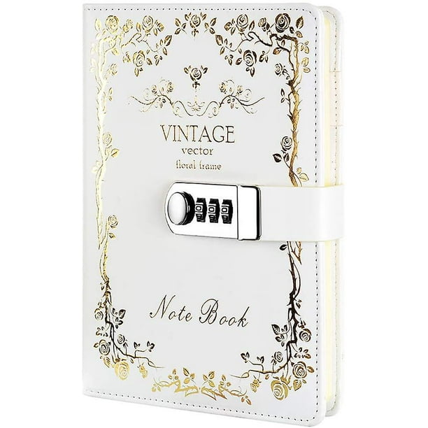 Cuaderno con cerradura de combinación - Diario con candado - Bloc de notas secreto de cuero de pu para oficina, soporte para bolígrafo, tamaño 215 * 150 mm Paquete de regalo dorado JAMW Sencillez