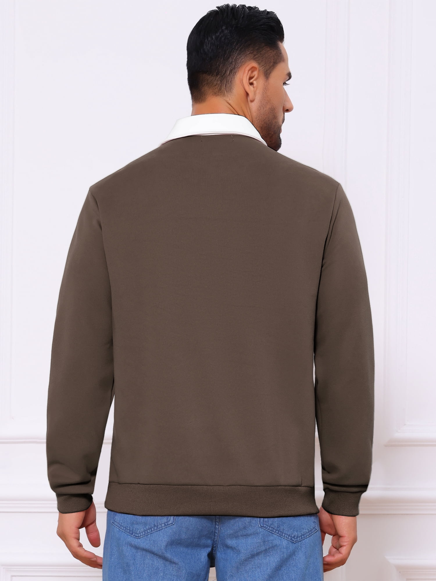 DARING DIVA Men's Contrast Collared Long Sleeves Pullover Polo Sweatshirt M Brown