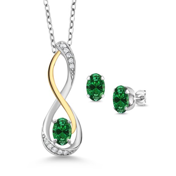 Gem Stone King 1.12 Ct Green Created Emerald E-F Lab Grown Diamond 925 Silver and 10K Yellow Gold Infinity Pendant and Earrings Jewelry Set