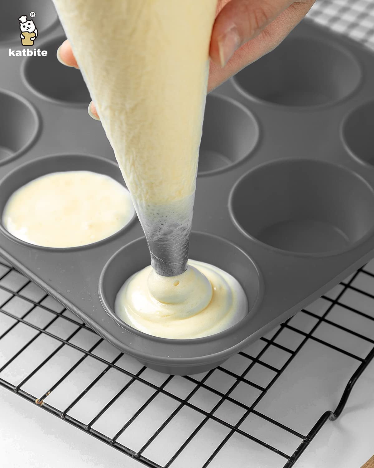 katbite Silicone Muffin Pan Grey, 12 Cups Cupcake Pan With 6 baking cu