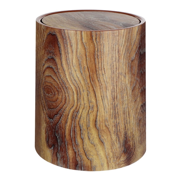 GOOHOCHY Papelera de imitación de grano de madera, tapa abatible, papelera redonda para el hogar y la Oficina