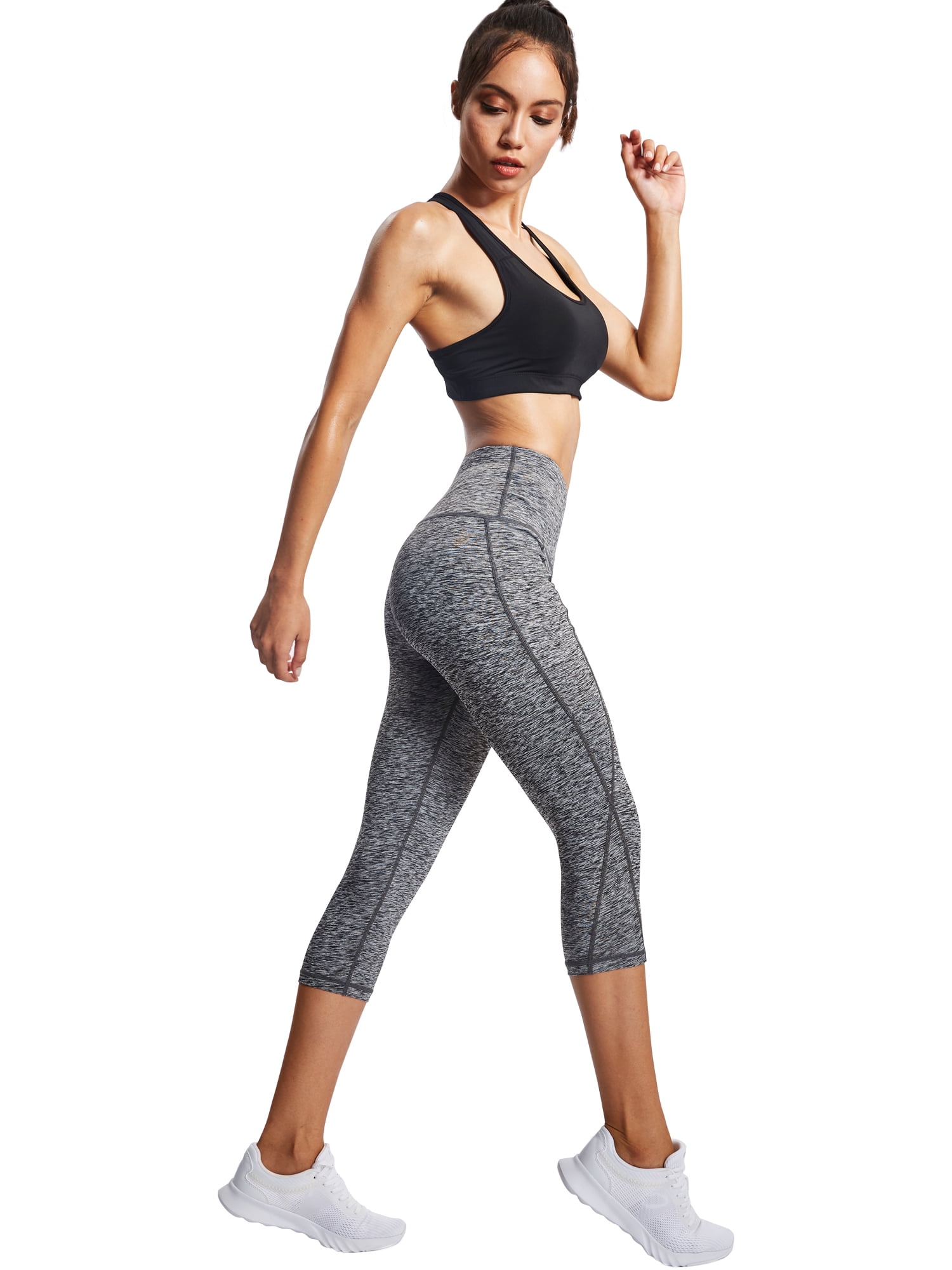 NELEUS Womens Yoga Capris Workout Leggings Tummy Control High Waist Cropped with Pocket,Black+Black,US Size S