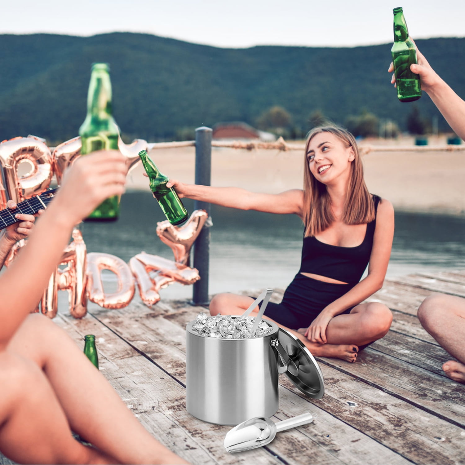 FENGFAN 3L Insulated Ice Bucket, Double-Wall 304 Stainless Steel Ice Holder with Accessories for Party Bar Use