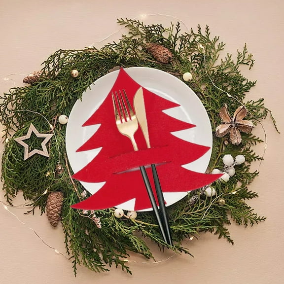 HomeKingdee Christmas Cutlery Holders Cutlery Bag - Red Polyester Knife and Fork Set for FestivalParty Tableware, Xmas Tree Decorations, Indoor Table Setting Gifts (7.87x7.87x0.12in)