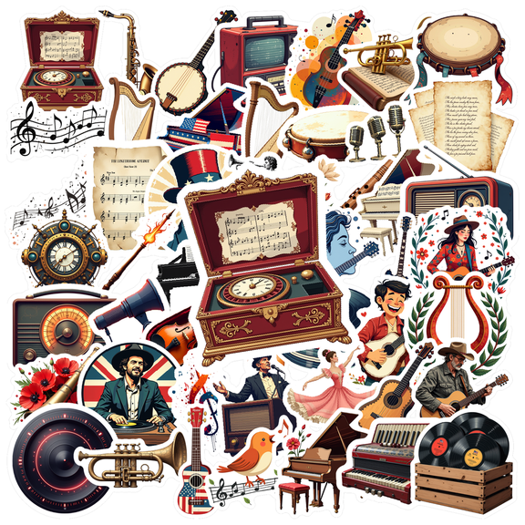 Retro Music Theme Stickers, Waterproof Music Theme Sticker for Water Bottle Laptop Phone Cases Planner Skateboard Luggage Helmet Party Favor Decor, Ideal for Adults Teens Teacher Rewards