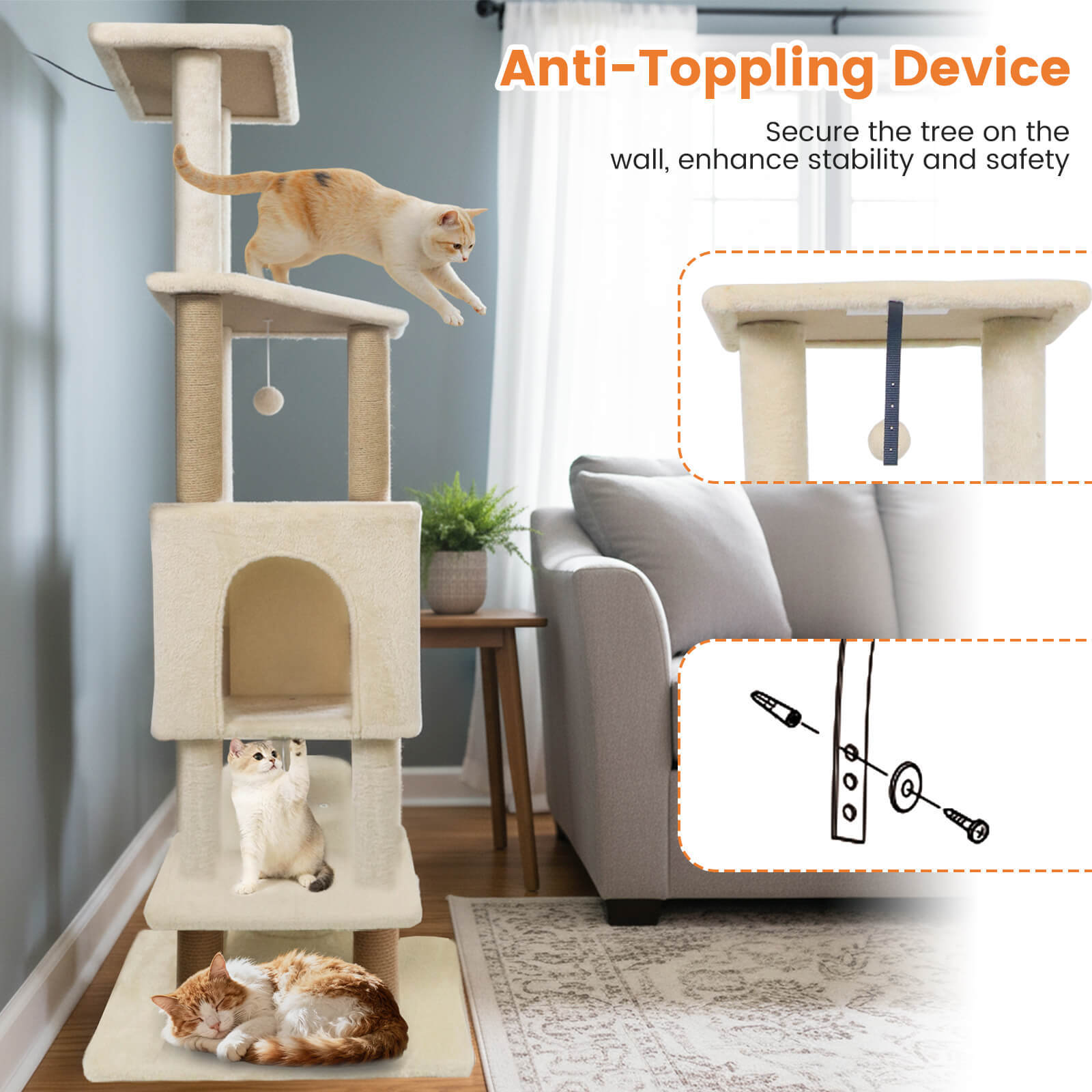 Costway 64” Tall Cat Tree with 2 Large Condos, Jute Scratching Posts, Plush Top Perch Beige