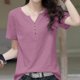 thumbnail image 4 of Gibobby Camisas mexicanas con cuello en V para mujer Camiseta suelta informal con cuello en V para mujer, blusa manga corta con estampado(Morado,M), 4 of 5
