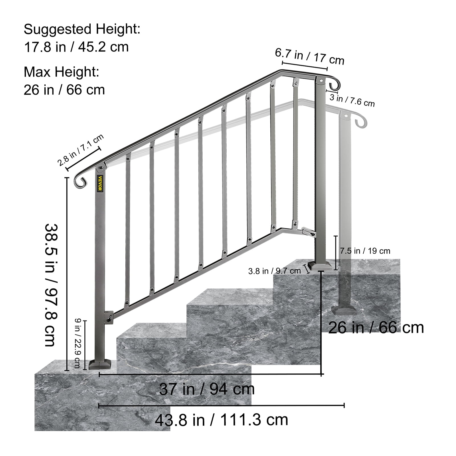 VEVORbrand Handrail for Stairs Fits 3 or 4 Steps Outdoor Handrail Rail Height adjustable Wrought Iron Handrail, Matte Black