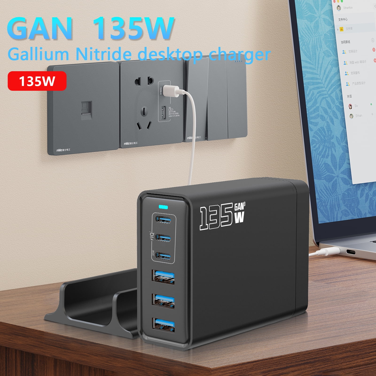 135W GaN 6-Port USB C Charging Station Hub with Holder, Fast Charger Block for MacBook Pro/Air, Dell, iPad, iPhone, Samsung Galaxy