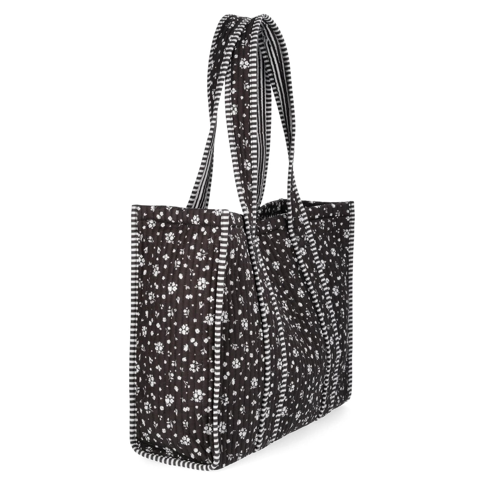 Gumesh Quilted Patchwork Tote Bag for Women, Light Black Gingham & Floral Print, Large Capacity Shoulder Bag for Work, Shopping, Beach, Travel