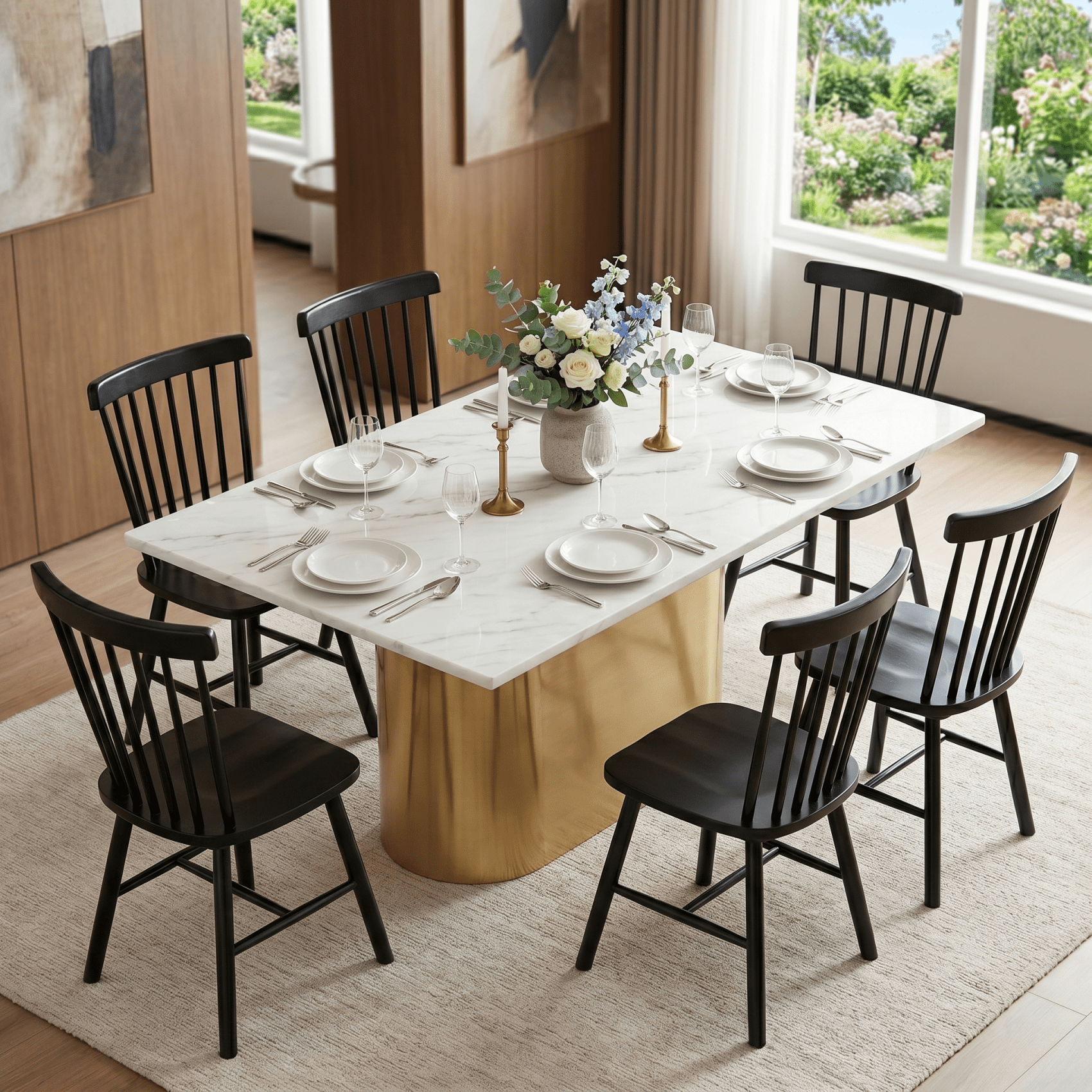 TrumanPick Windsor Dining Chairs Set of 6 - Wooden Spindle Back Kitchen Chairs, Farmhouse Mid-Century Modern Dining Chair for Dining Room Restaurant, Black