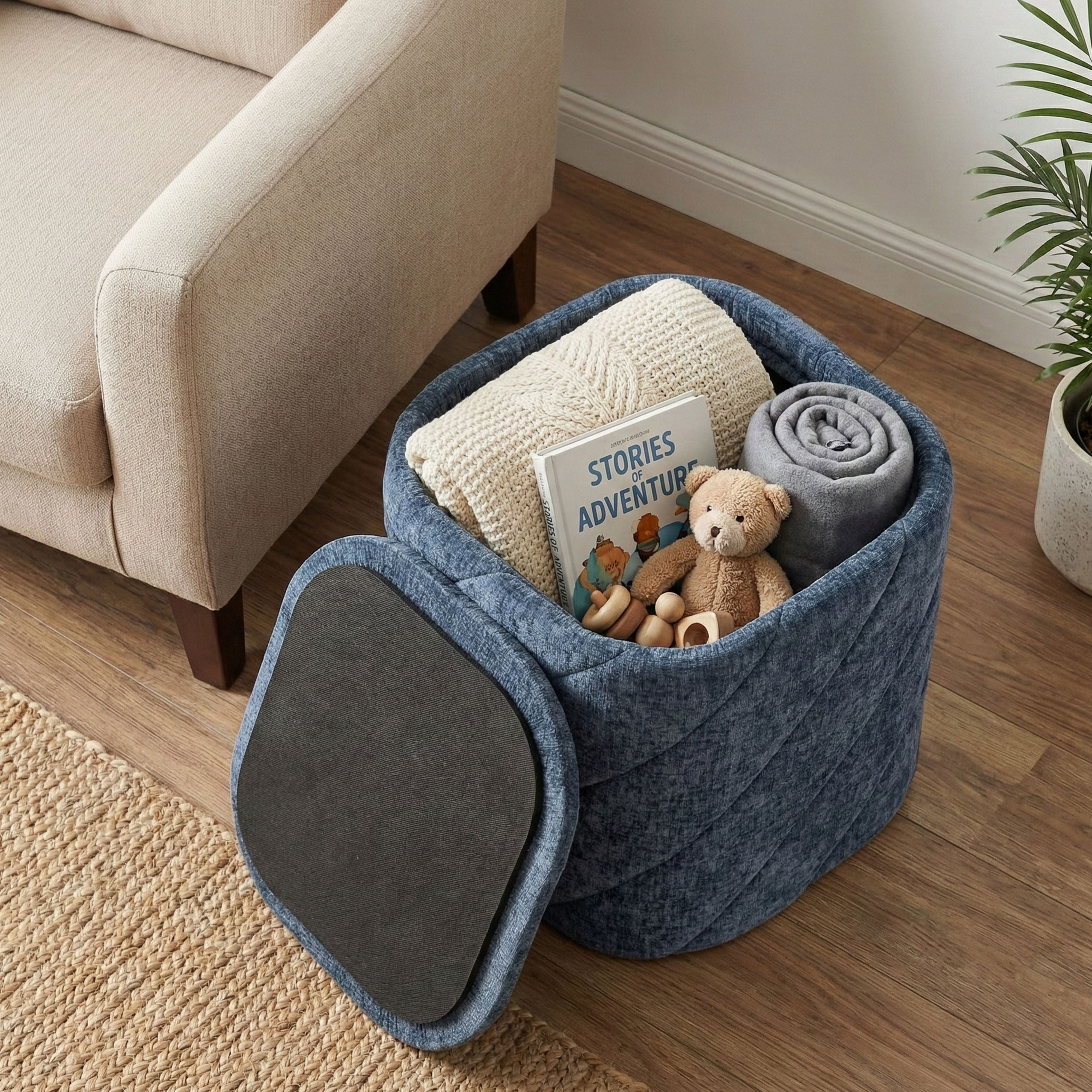 Aria Home Modern Tufted Cube Ottoman with Storage, Upholstered Footrest 15" Stool, Blue