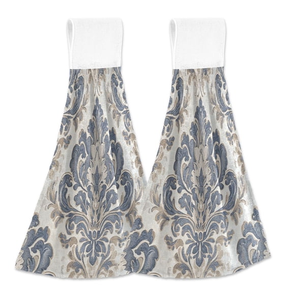 BZSMCE Hanging Hand Towels Fashion Elegant Blue Floral Damask Pattern 2-Pack - Velcro Style Bathroom Kitchen Towels