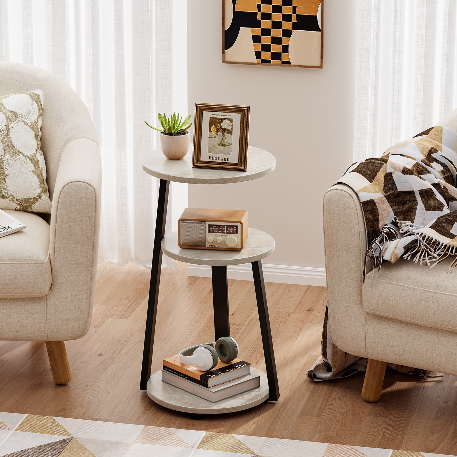 Biemlerfn End Side Table, Round Sofa Table with Metal Frame, 3-Tier Coffee Table Nightstand for Home, White Maple