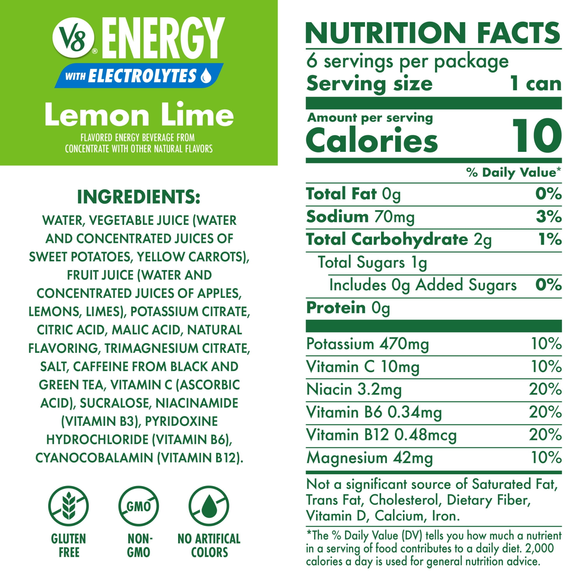 V8 Energy Lemon Lime with Electrolytes Beverage, 8 fl oz 6-Count