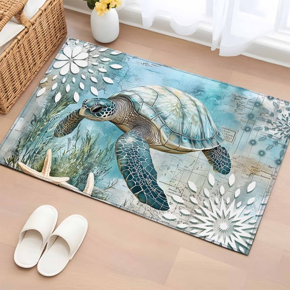 2x3 Ft Entryway Area Rug, Sea Turtle Coastal Kitchen Rug Runner Washable Floor Mat, Summer Beach Teal Coral Starfish Non Slip Indoor Door Mat Throw Carpet for Bathroom Living Room Bedroom