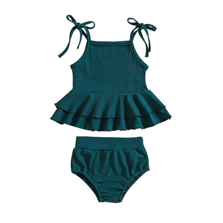 Toimothcn Swimsuit For Girls Sleeveless Casual Solid Color Ruffled 2 Piece Bikini Set Quickly Dry Cover Up Swimwear 18-24 Months