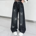 thumbnail image 4 of EnJoCho Girls Bow Denim Pants Kids Baggy Wide Leg Jeans Teens Casual Elastic Waist Vintage Trousers with Pocket Clothes Embroidered Flare Denim for Girls 6-16Y, 4 of 8