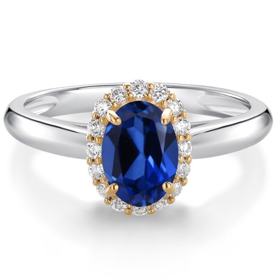 Gem Stone King 925 Sterling Silver and 10k Yellow Gold Blue Created Sapphire and White Lab Grown Diamond Halo Engagement Ring for Women (1.13 Cttw, Gemstone September Birthstone, Oval 7X5MM, Size 6)