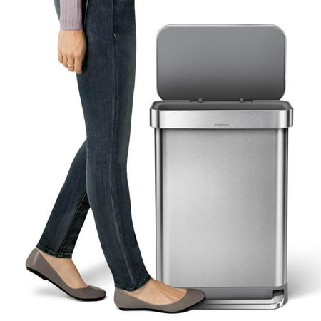 simplehuman 58 Liter Dual Compartment Rectangular Sensor Can with Voice and Motion Control, Brushed Stainless Steel - Brushed Stainless Steel
