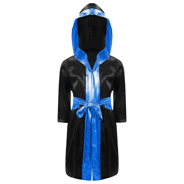 Moggemol Garçons Enfants Robe de Boxe Robe Longueur Complète Cape à Capuche en Satin avec Ceinture Tenue de Boxe d'Halloween Noir&Bleu 8