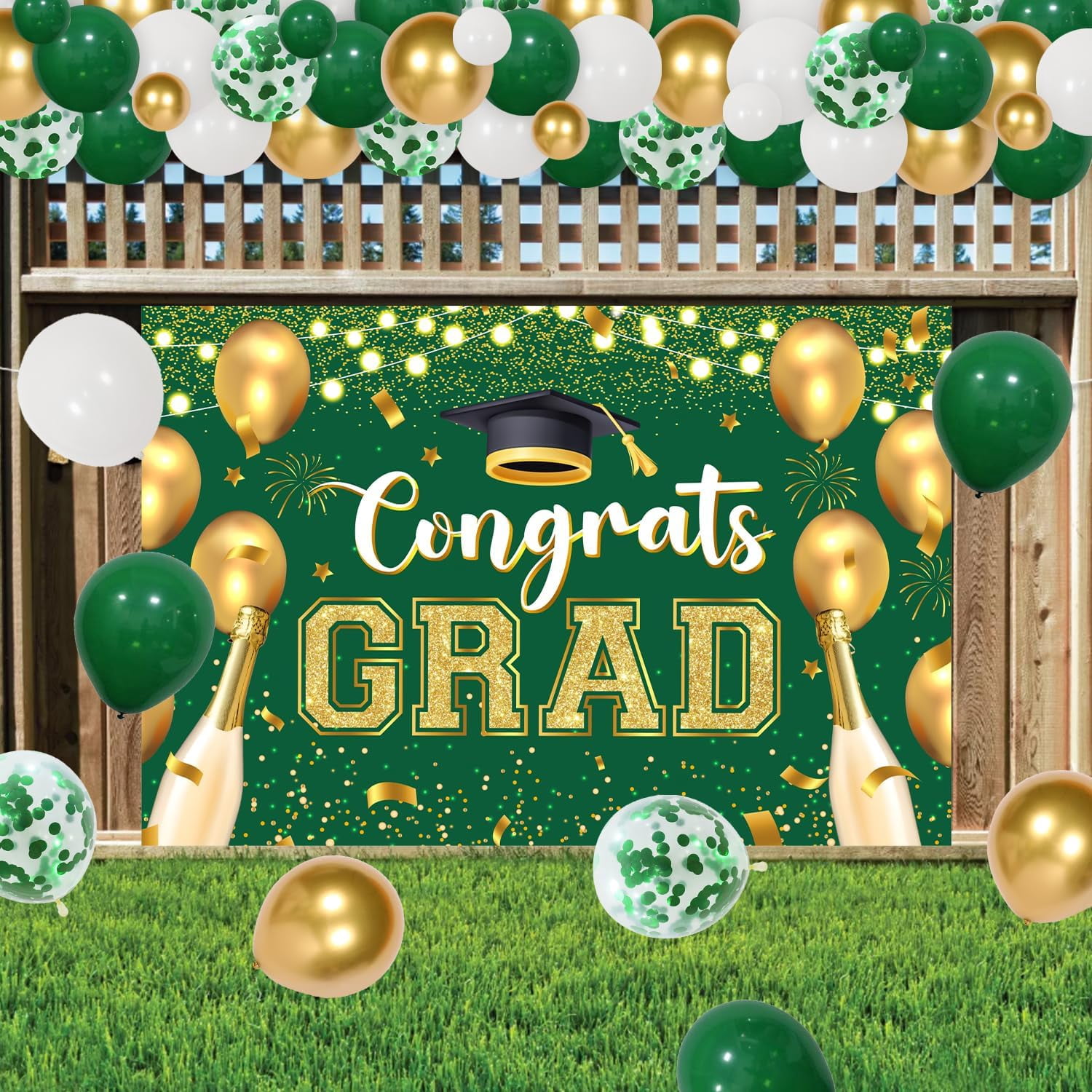 66Pcs Congrats Grad Decorations 2024, Green Gold Graduation Decor with Congrats Grad Backdrop Green Gold Silver Balloon Garland Arch Kit for Class of 2024 Grad Prom Graduation Supplies