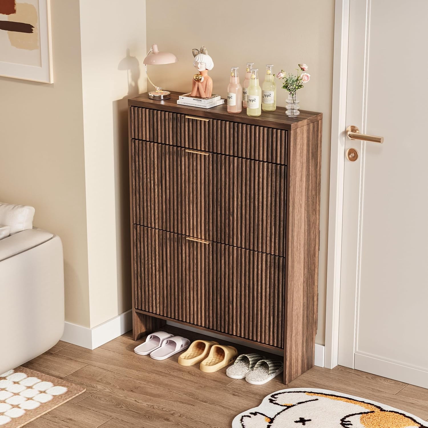 Howcool Fluted Entryway Shoe Cabinet with 2 Flip Drawers, Wood Narrow Freestanding Shoe Storage, Walnut