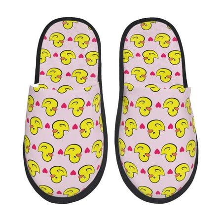 Balery Ducks And Pink Heart Slient Indoor Furry Fleece Comfort House Shoes Soft Non-Slip Home Shoes Cotton slippers House Slippers-- Large